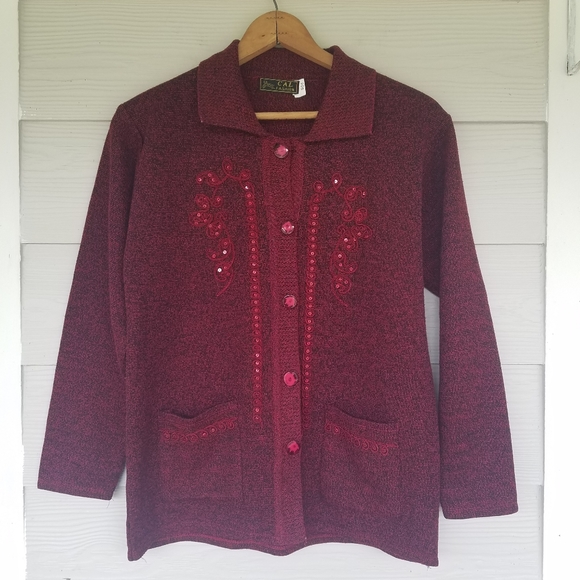 Mid-Length Modern Cardigan Sweater Sequin Gorgeous Deep Burgundy/Black - Picture 2 of 14